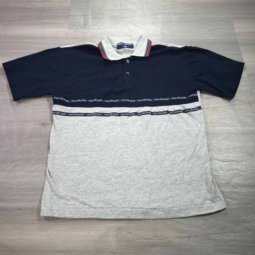 Polo Sport Ralph Lauren Polo Shirt Mens XL Navy Gray‎ Colorblock USA Flag Tape